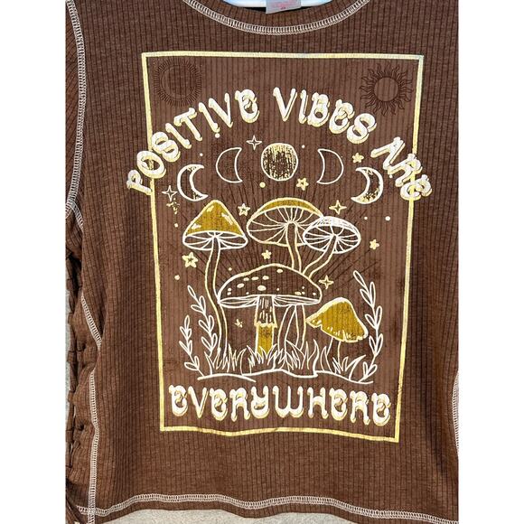 Positive Vibes Are Everywhere Mushrooms Ribbed Side Tie T-Shirt Juniors XXL - Picture 2 of 6